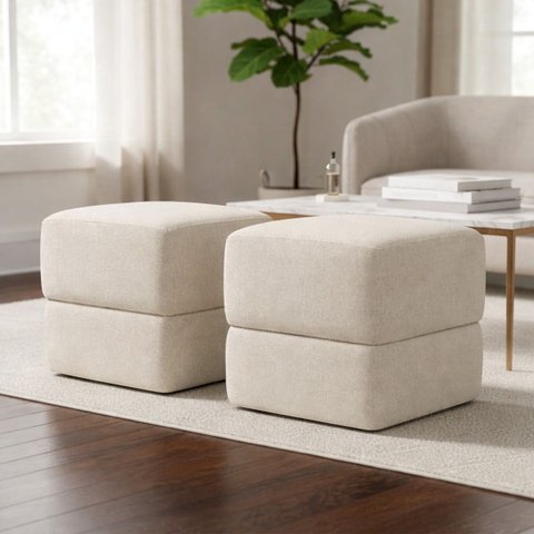 Kit 2 Puffs Decorativos Aloy Bouclé Premium Assento Extra para Sala Quarto Design Moderno Bege
