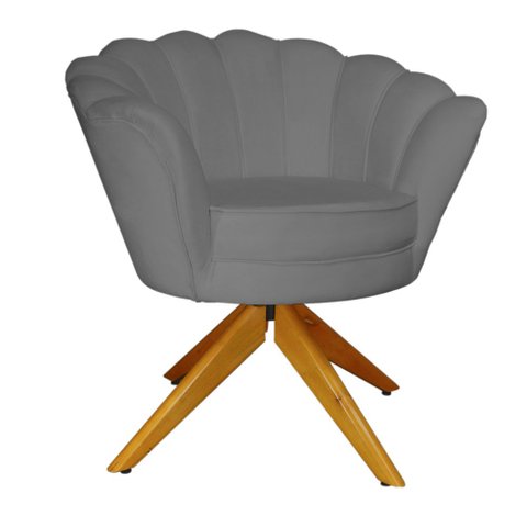 Poltrona Para Hall de Entrada Base Giratória de Madeira Pétala Suede Cinza - LM DECOR