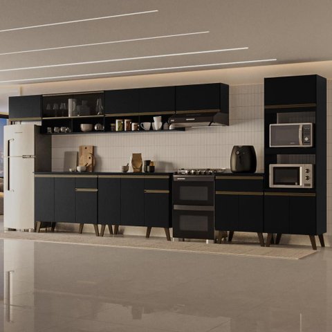 Armário de Cozinha Completa Atlanta Modern com Vidro Carraro Preto Touch
