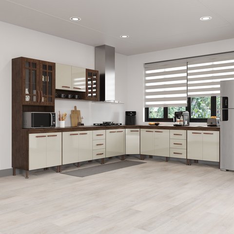 Cozinha Modulada Completa Fidelitá Lisboa 7 Peças 600cm 16 Portas 6 Gavetas com Tampo