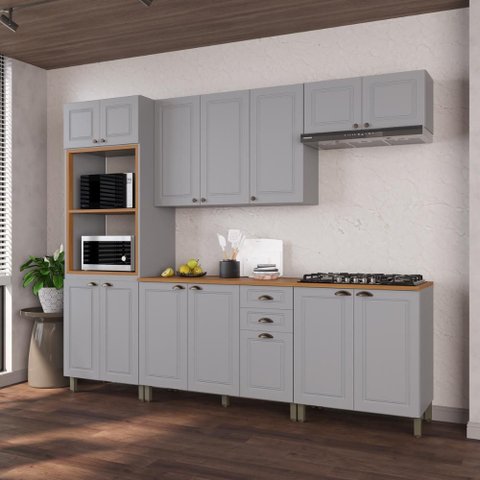 Armário Cozinha Modulada Completa Americana 100% MDF 270cm Provence Multimóveis Crink-CPL008 Cinza