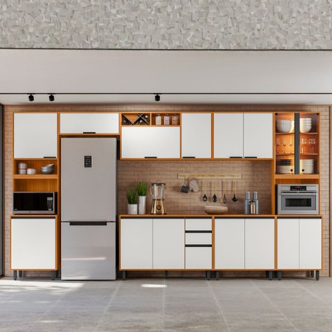 Cozinha Completa Ravena 7 Peças com Paneleiro Cristaleira com LED Poliman Móveis