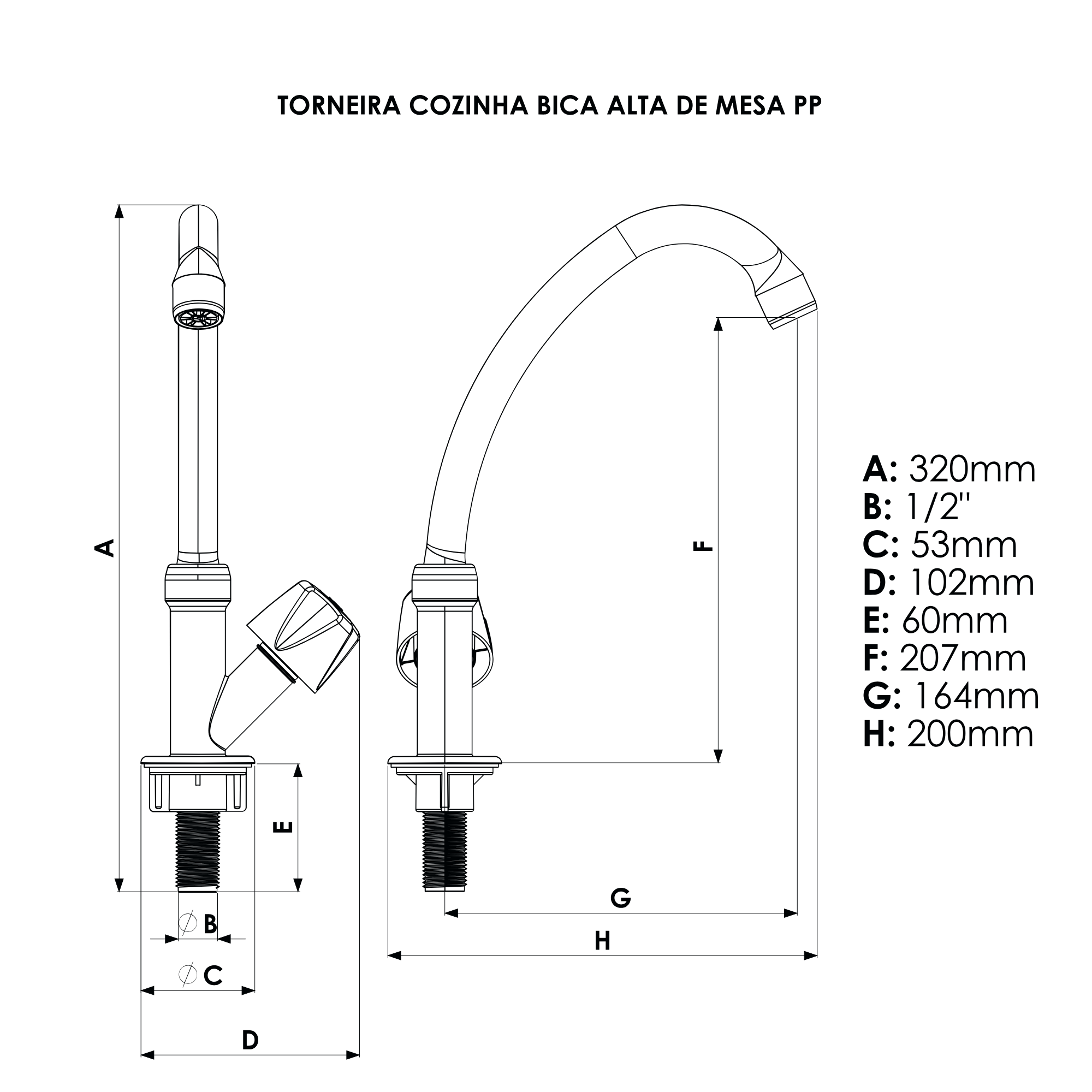 Torneira Cozinha Modelo de Mesa Bica Alta Especial Pp 1/2'' Cor Branco e Cromado Durín - 4