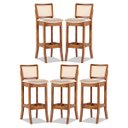 Ver imagem 1 de Kit 5 Banquetas em Madeira Imbuia com Encosto Rattan Estofado Linho Bege M58 RMI