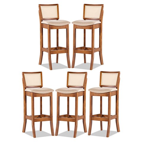 Kit 5 Banquetas em Madeira Imbuia com Encosto Rattan Estofado Linho Bege M58 RMI