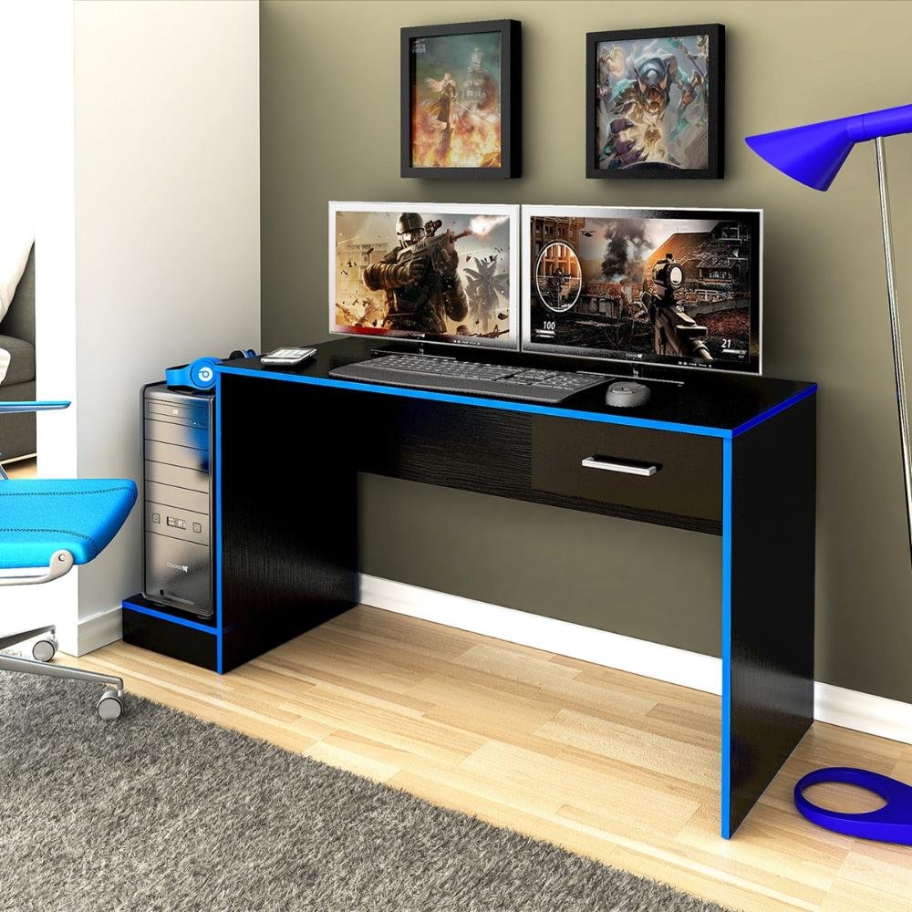 Mesa Escrivaninha Computador Gamer Artely com 1 Gaveta Preta e Azul - 2