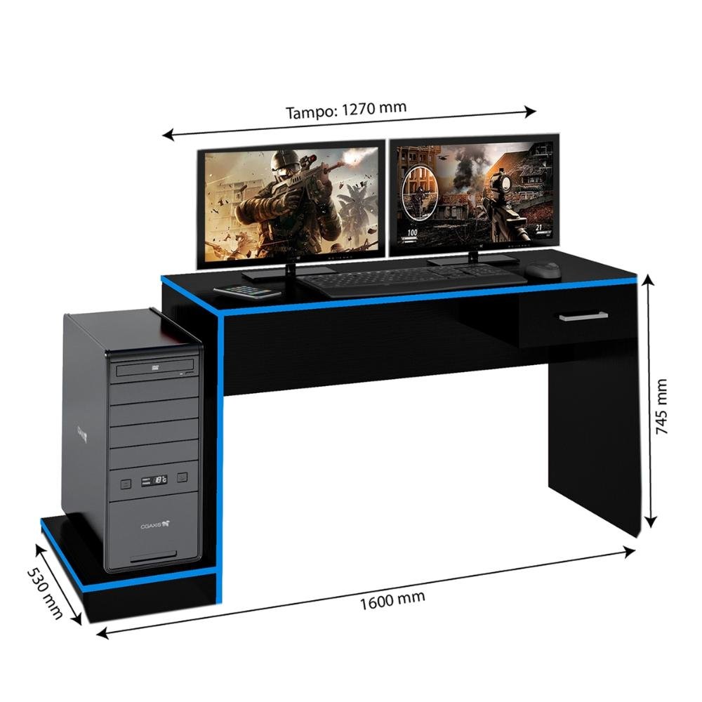 Mesa Escrivaninha Computador Gamer Artely com 1 Gaveta Preta e Azul - 7