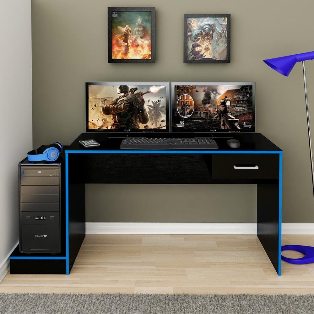 Mesa Escrivaninha Computador Gamer Artely com 1 Gaveta Preta e Azul