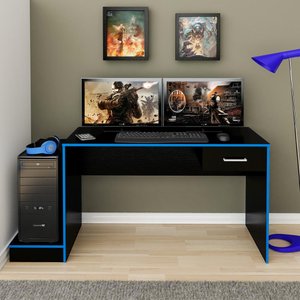 Mesa Escrivaninha Computador Gamer Artely com 1 Gaveta Preta e Azul