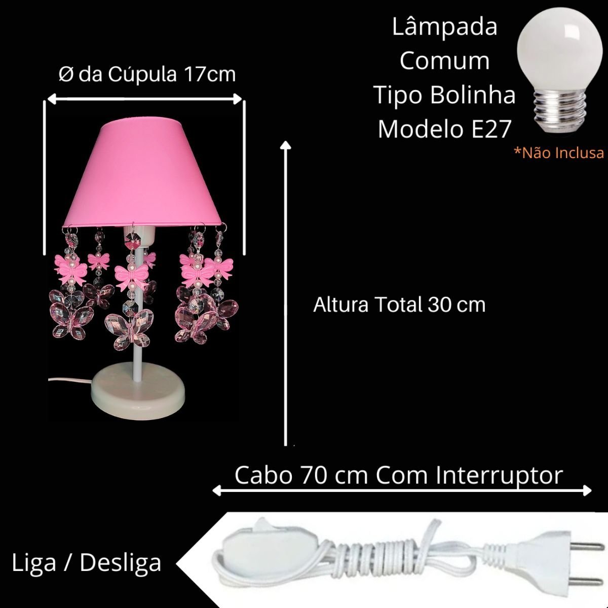 Luminária Infantil Borboletas Abajur para Mesa de Cabeceira Decoração Quarto de Menina Rosa Bebê 17x - 3