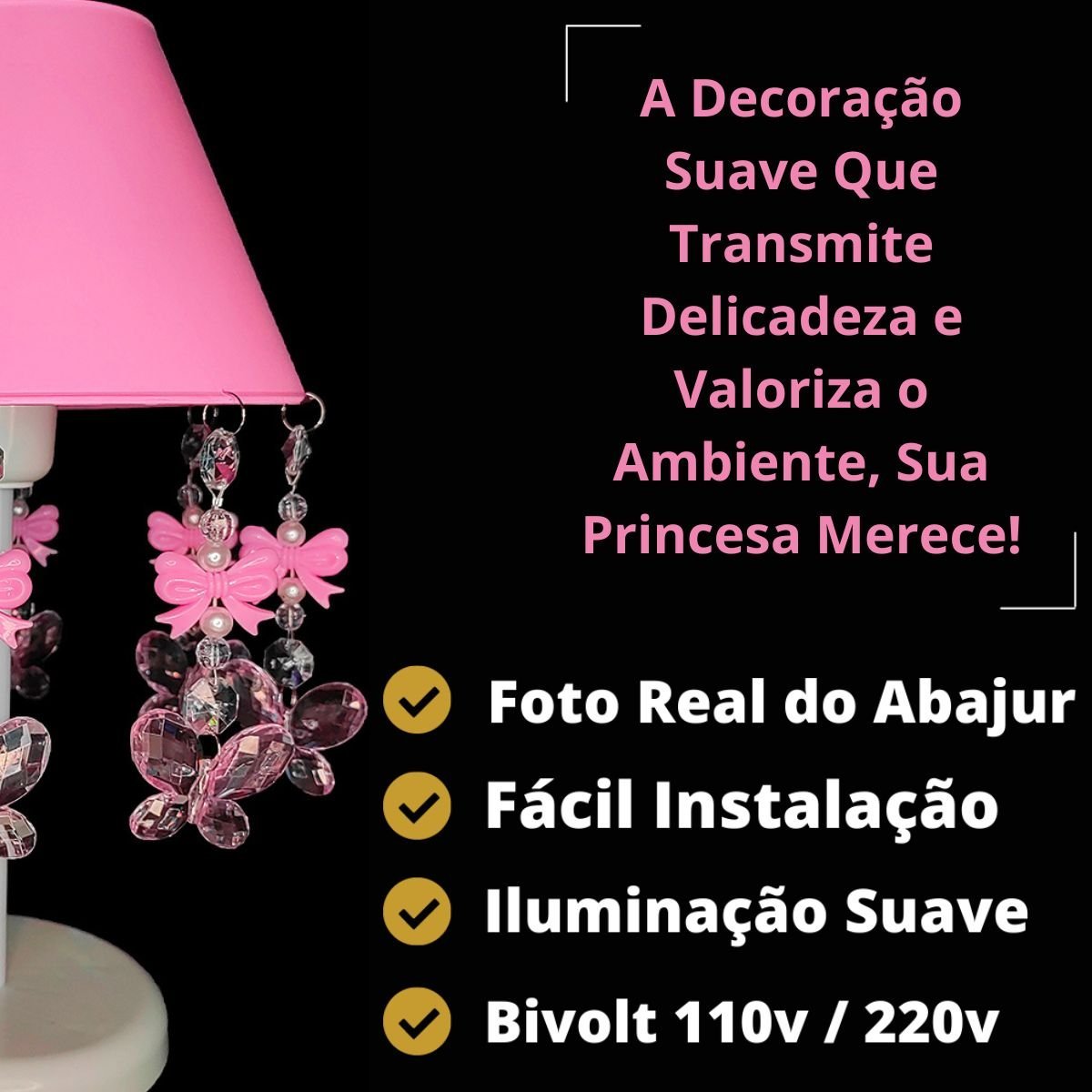 Luminária Infantil Borboletas Abajur para Mesa de Cabeceira Decoração Quarto de Menina Rosa Bebê 17x - 2