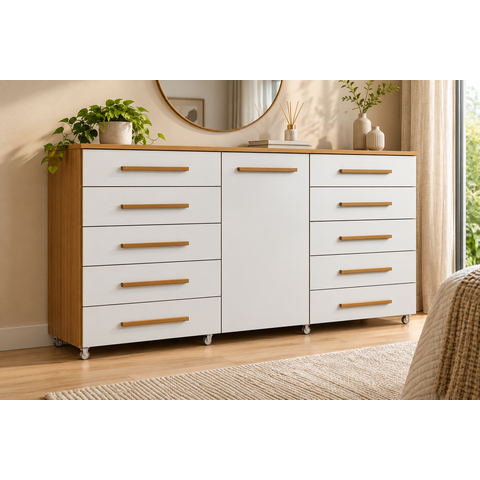Cômoda Imperial 1 Porta 10 Gavetas com Rodízio Freijó com Off White Batrol