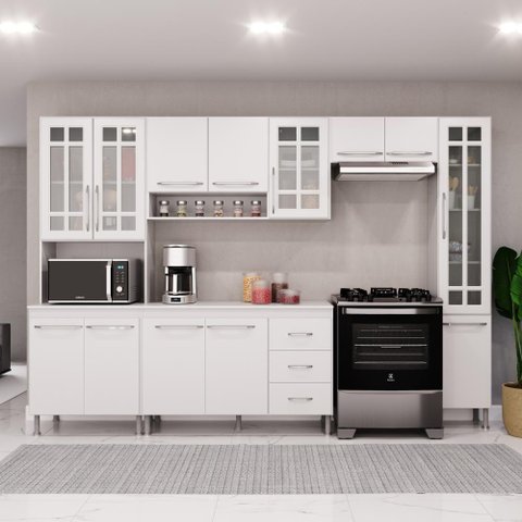Cozinha Modulada Completa Fidelitá Viena 5 Peças 295cm 12 Portas 3 Gavetas com Tampo Branco