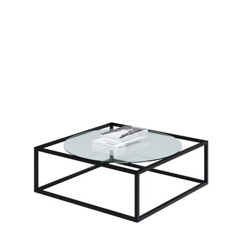 Mesa De Centro Sala 64x64x33cm Aço Preto e Vidro Industrial Moon Don Castro Decor