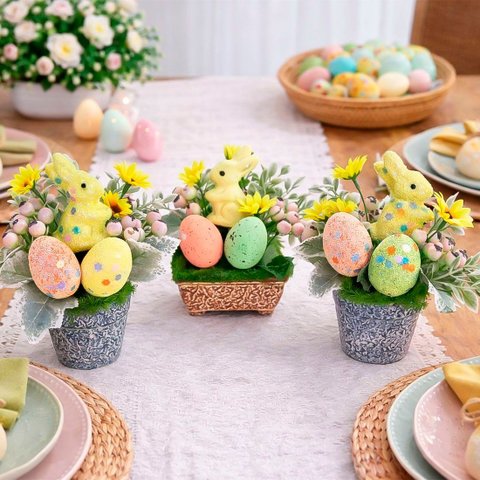 Enfeite Arranjo Páscoa Centro Mesa Aparador Coelho Kit 3pçs
