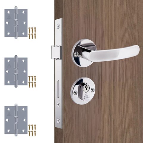 Fechadura para Porta Externa Perfil Aredondado Aço Inox Polido Cromado + Dobradiças Aço Zincado Pino