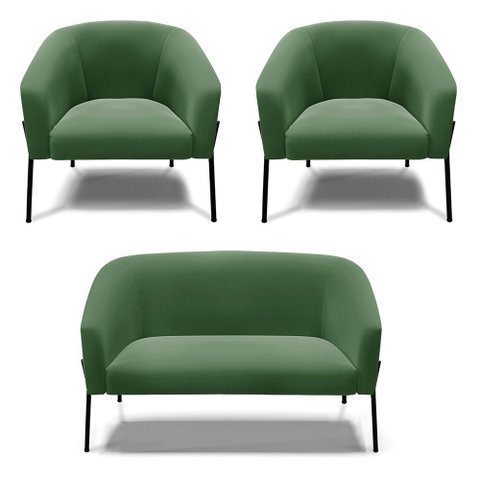 Namoradeira e 2 Poltronas Pé de Ferro Preto Stella Suede D03 - D’Rossi