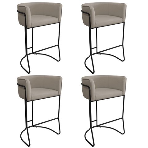 Kit 4 Banquetas Alta com Encosto Betina Base Preto Poliéster Bege Escuro - Nexta Casa