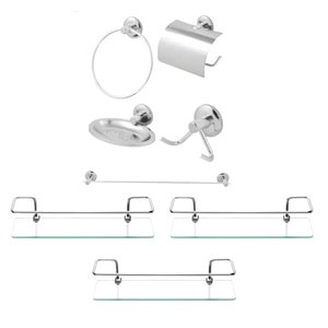 Kit Acessórios P/ Banheiro 5 Peças + 3 Prateleiras Reta 40cm