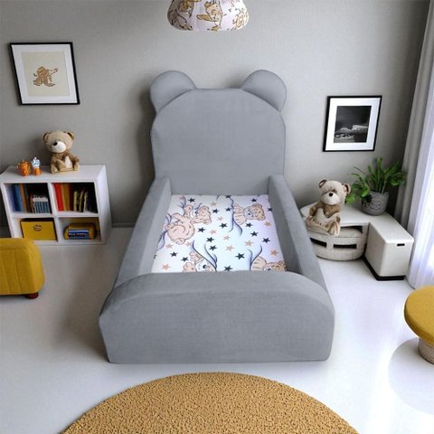 Cama Montessoriana Juvenil Soft Segura e Confortável para Quarto Infantil com Grade - Cinza