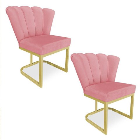 Kit 02 Poltronas Flor Veludo Rosê Base Metálica Industrial Dourado - Pallazio