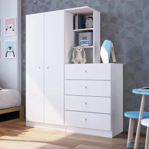 Guarda Roupas 2 Portas E Cômoda 4 Gavetas Montessoriano Meu Fofinho Art in Móveis Branco