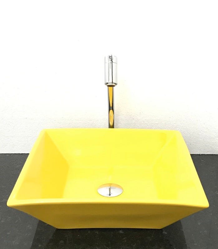 Kit cuba louça amarela quadrada,válvula e torneira cromada - 1