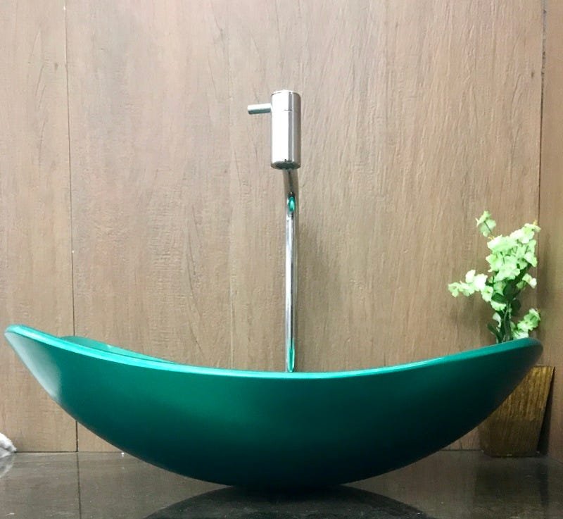 Kit com cuba vidro canoa verde,válvula e torneira cromada - 4