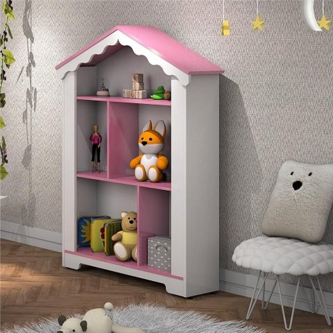 Estante Infantil Magic Branca Rosa MDF 85cm Branco e Rosa