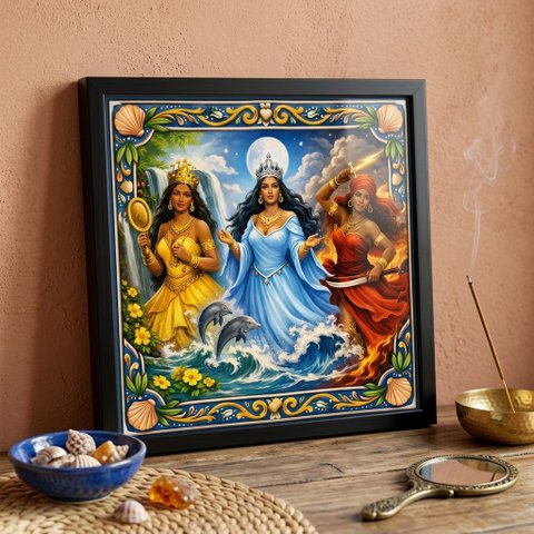 Quadro Orixás Iemanjá Oxum e Iansã 33x33cm Mold Preta Vidro