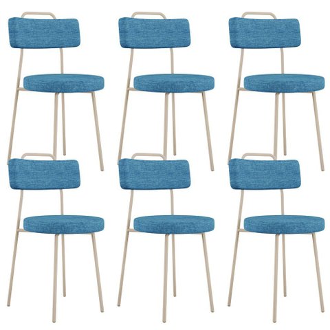 Kit 06 Cadeiras Decorativas Estofada Sala Jantar Barcelona Arena L02 Linho Azul - Lyam