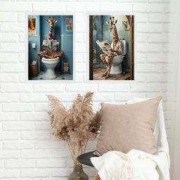 Kit 2 Quadros para Banheiro Girafas com Jornal 33x24cm:moldura Branca - 1