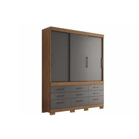 Guarda Roupa Solteiro 3 Portas de Correr e 9 Gavetas c/ Pés Click 3.9 Jatoba/Grafitte - Santos