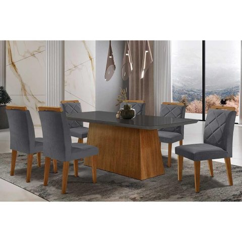Sala de Jantar Completa Luna Tampo Madeirado C/ Vidro Curvo 180x90 e 6 Cadeiras Melissa Imbuia -