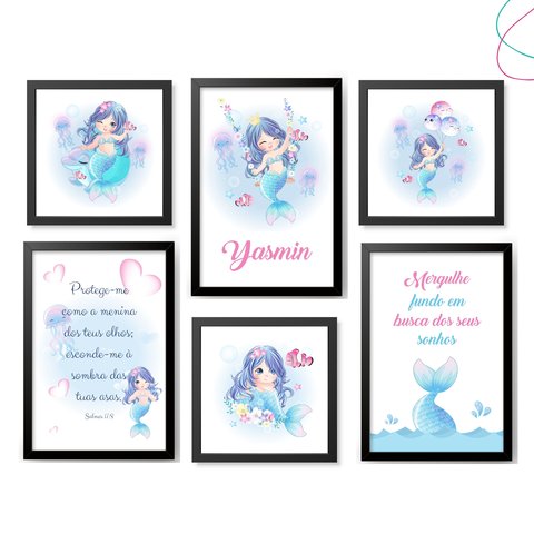 Kit 6 Quadros Decorativos Moldura\vidro Sereia:preta