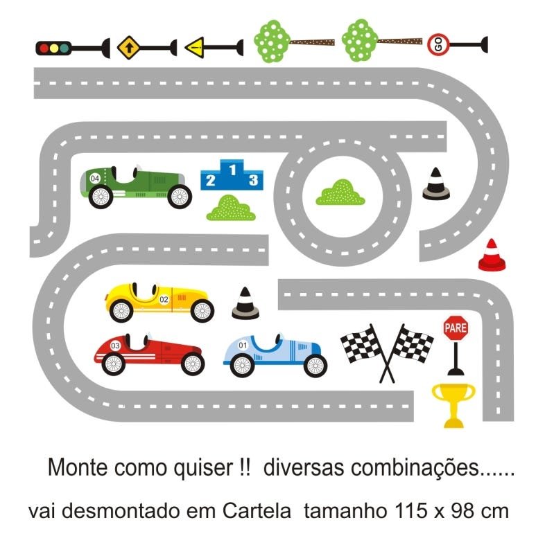 Adesivo Infantil menino Pistas Carros Carrinhos Corrida M01