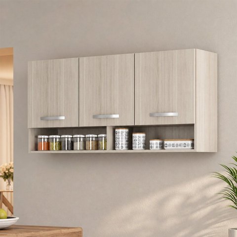 Armario Multiuso Aereo 3 Portas 120cm Montado Modulado MDF:Amadeirado Cinza