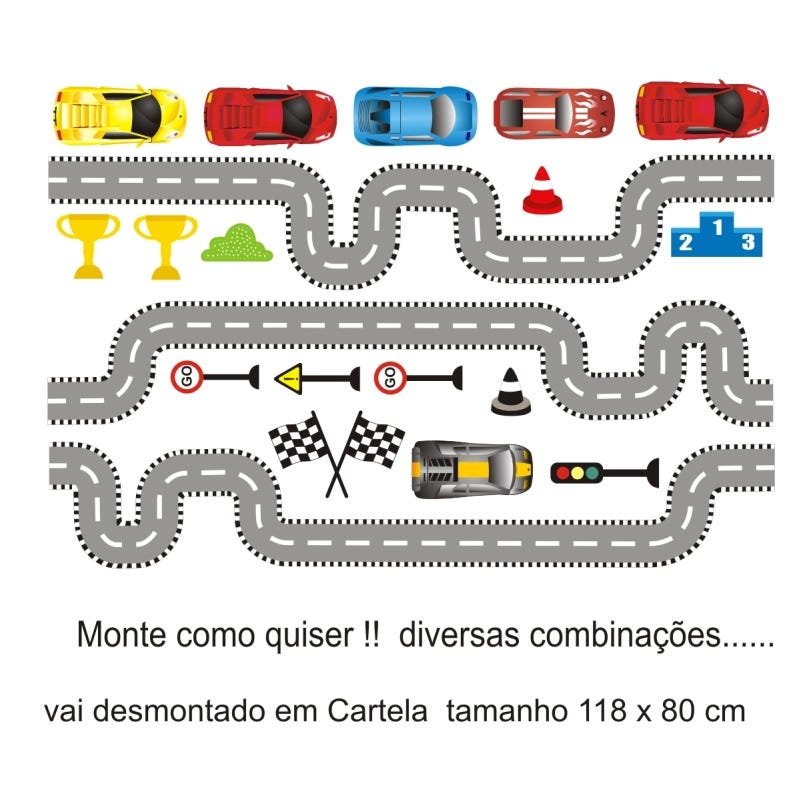 Adesivo Destacável para Chão Infantil Pista de Carrinhos Colorida