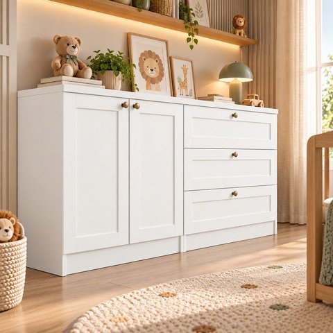 Quarto Infantil com Cômodas 3 Gavetas e Armário 2 Portas Provençais 100% MDF Infinity Branco/Fosc