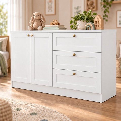 Quarto Infantil com Cômodas 3 Gavetas e Armário 2 Portas Provençais 100% MDF Infinity Branco/Fosco