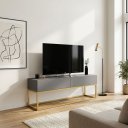 Ver imagem 1 de Rack para Sala Cinza MDF Estante Industrial para TV até 50 Polegadas Pé de Ferro Dourado