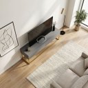 Ver imagem 3 de Rack para Sala Cinza MDF Estante Industrial para TV até 50 Polegadas Pé de Ferro Dourado