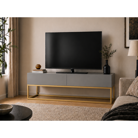 Rack para Sala Cinza Estante Industrial para TV Pé de Ferro Dourado