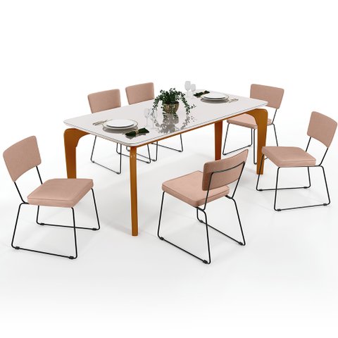 Mesa De Jantar Capri 160cm Off White Nature Com 6 Cadeiras Allana B05 Linho Rosê - Lyam Decor