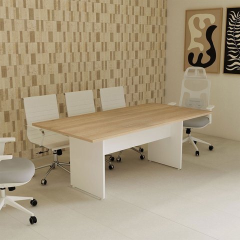 Mesa Reunião 8 Lugares 200cm x 100cm Retangular Executiva com Pé Painel para Escritório Corporate Marrom/Carvalho Treviso/Branco