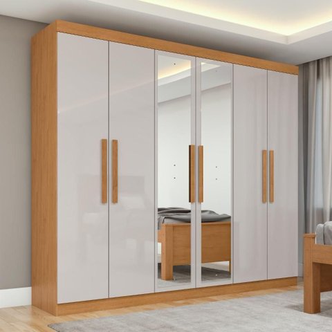 Guarda-roupa Casal 6 Portas Easy Slim com Espelho Amendoa/off White