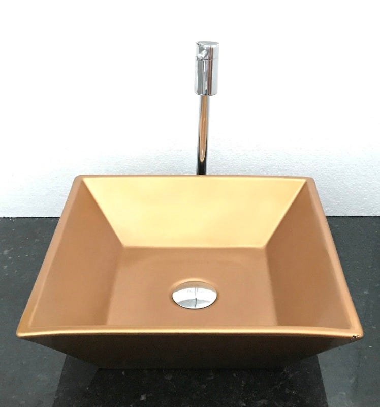 Kit com cuba louça dourada quadrada,válvula,torneira,sif - 1