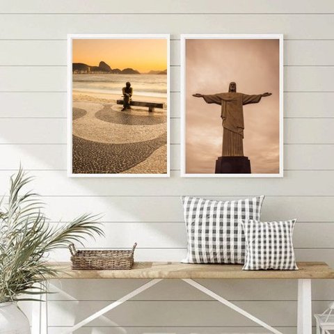 Kit 2 Quadros Rio de Janeiro Cristo Copacabana- Sépia 24x18cm - com Vidro:madeira Branca