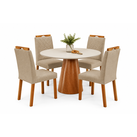 Conjunto Sala de Jantar Mesa Gênova 110cm Tampo Redondo Vidro Off White com 4 Cadeira