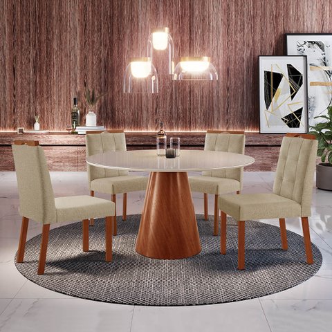 Conjunto Sala de Jantar Mesa Gênova 110cm Tampo Redondo Vidro Off White com 4 Cadeira